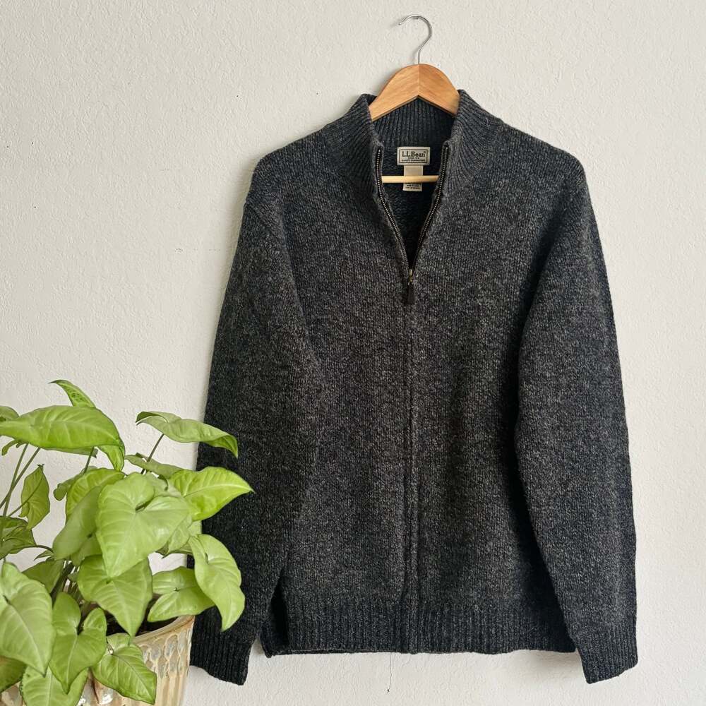 Vintage L.L. Bean Full-Zip Lambswool Cardigan Sweater Plaid Flannel Lined Gray